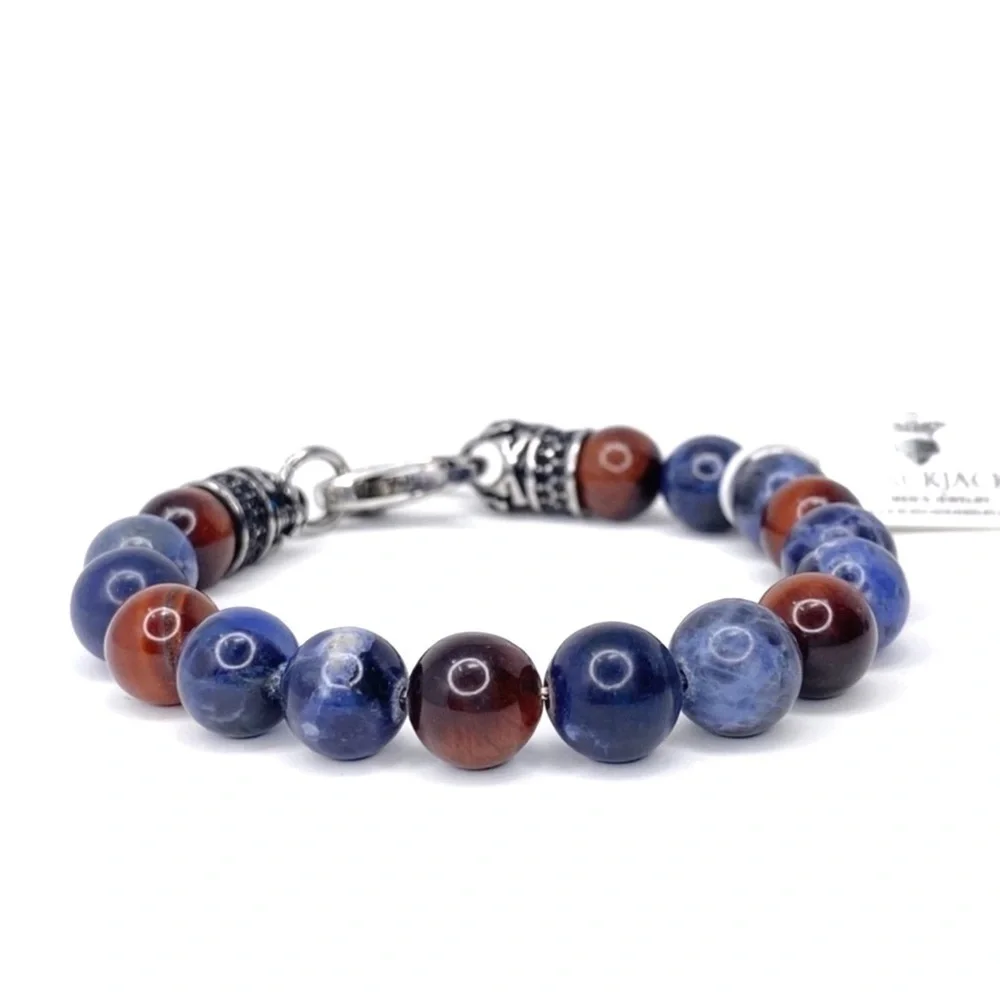 Blackjack Bracelet Beaded Sodalite & Red Tiger Eye Stainless Steel Skull New NWT